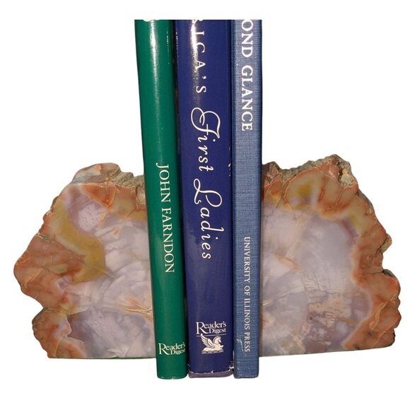 Petrified Wood Bookends Green Felt Base Natural Stone Decor Home Office